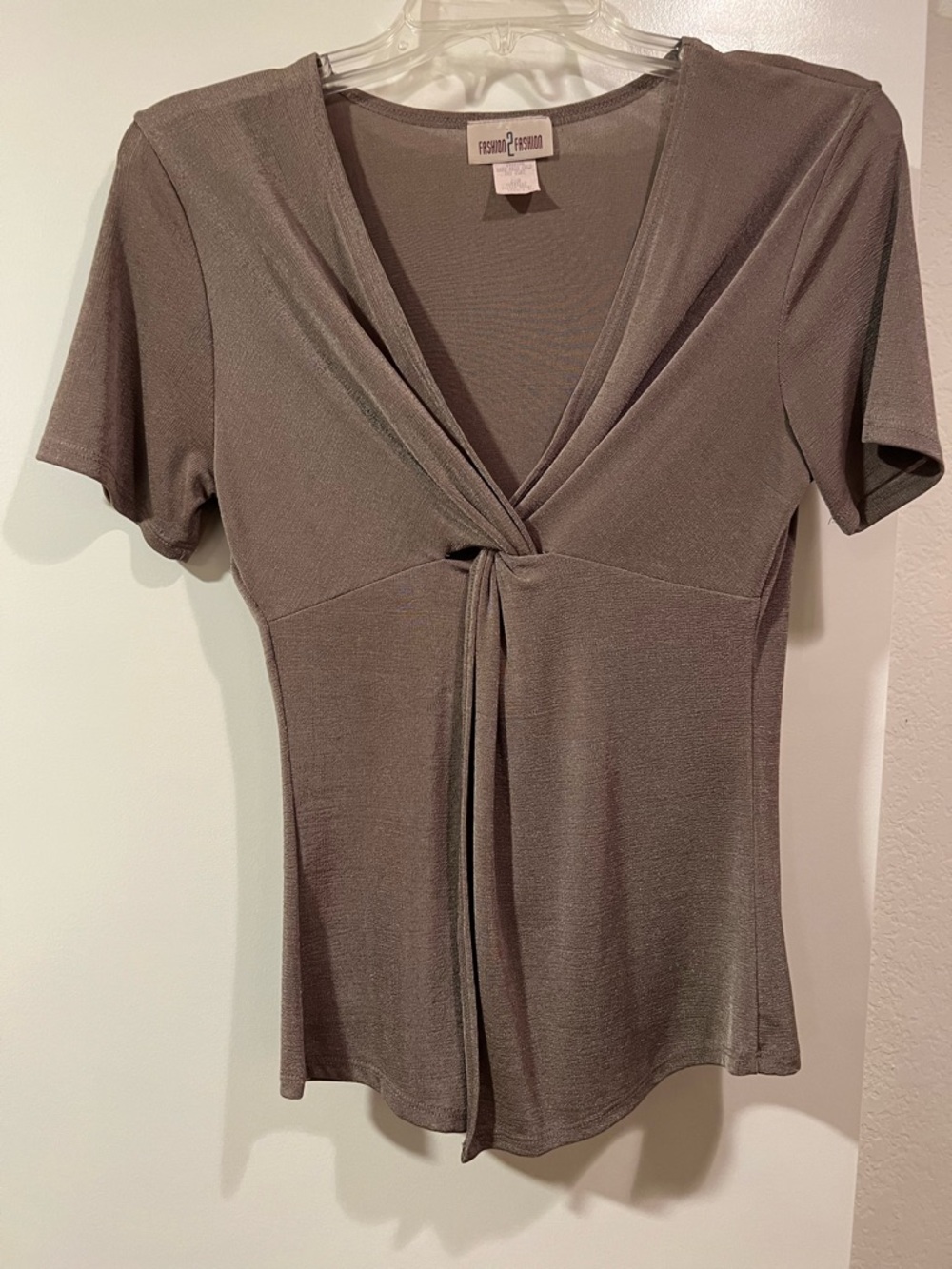 Taupe Twist-Front V-Neck Short Sleeve Top